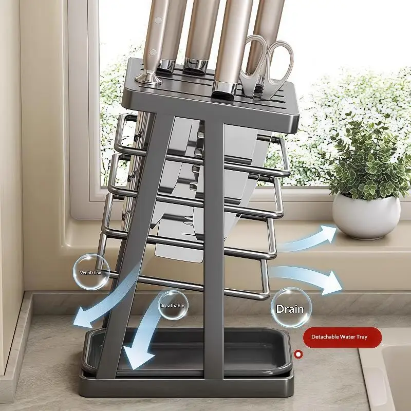 New Kitchen Utensils Storage Holder Square Space Saving Cutting Tool Storage Rack Countertop Drainage Plating Multifunctional